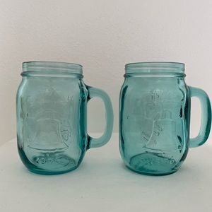Vintage Jack in the Box LIBERTY MUG 1976 Clear Blue Glass Mason Jar Mugs Handle